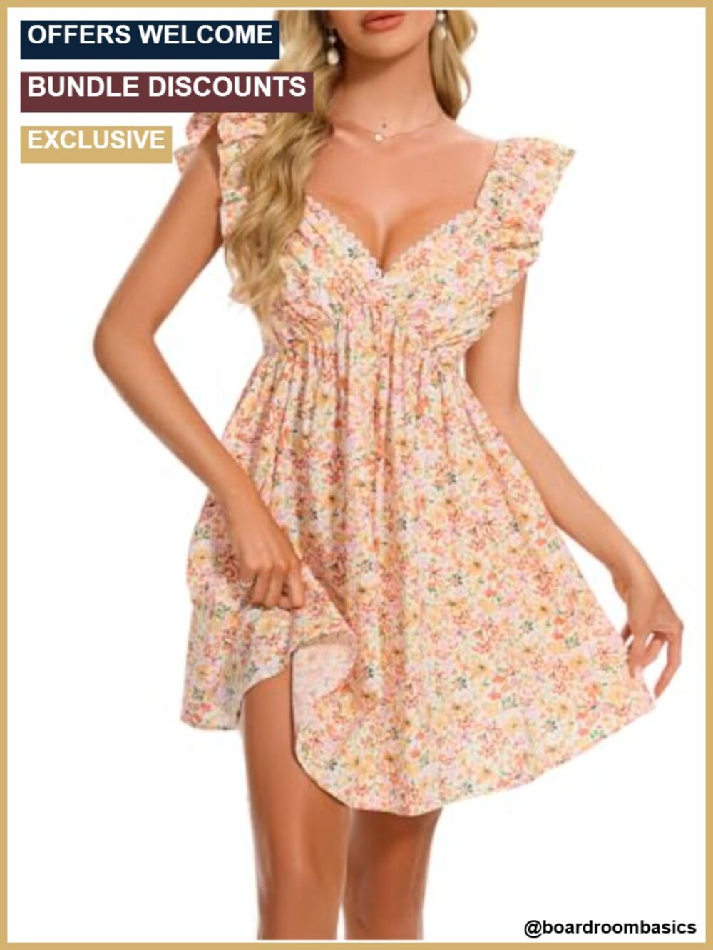 Floral V-Neck Ruffle Sleeve Babydoll Mini Dress, Lightweight Casual